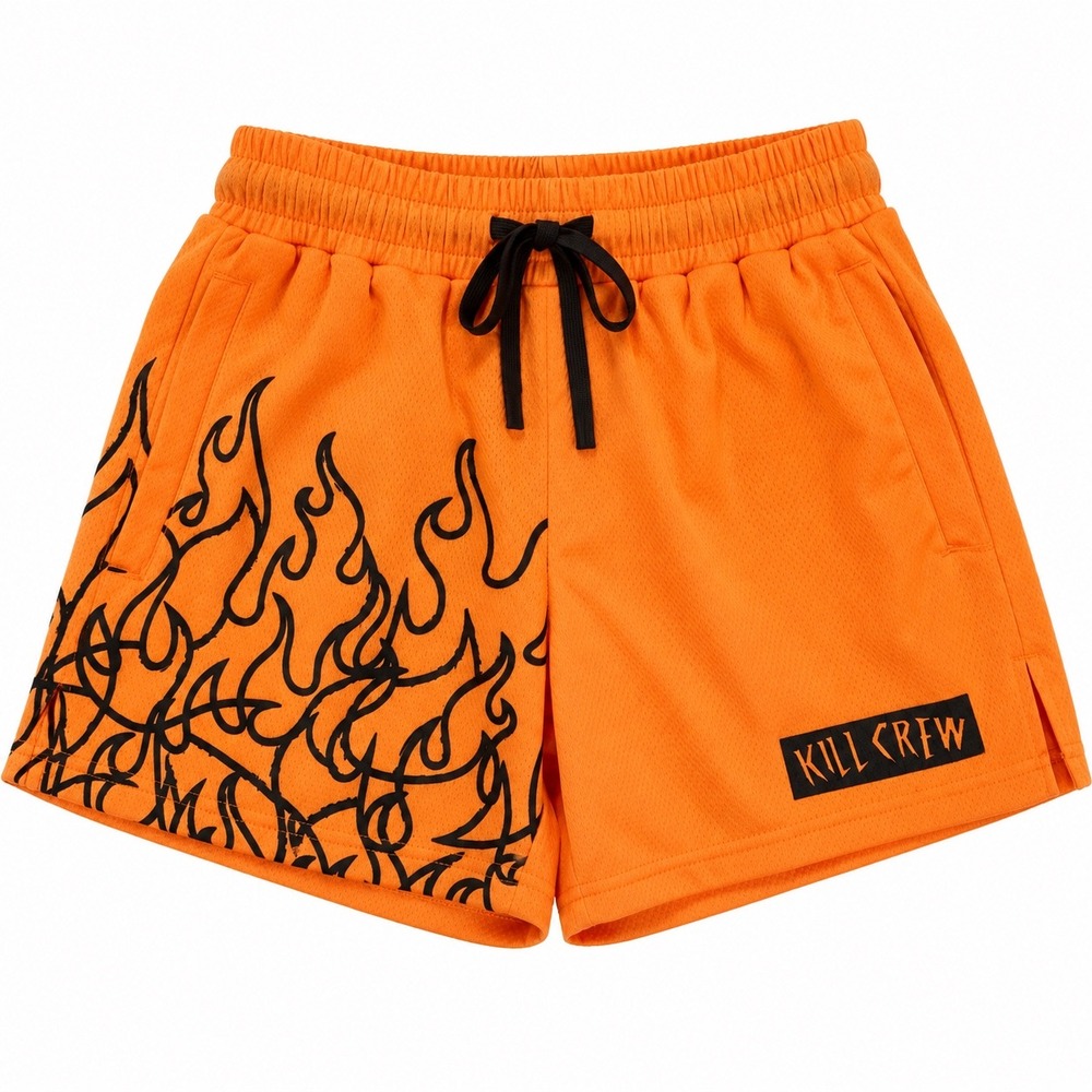 KILL CREW Orange Flame Mesh Shorts Small Streetwear Gym Athletic